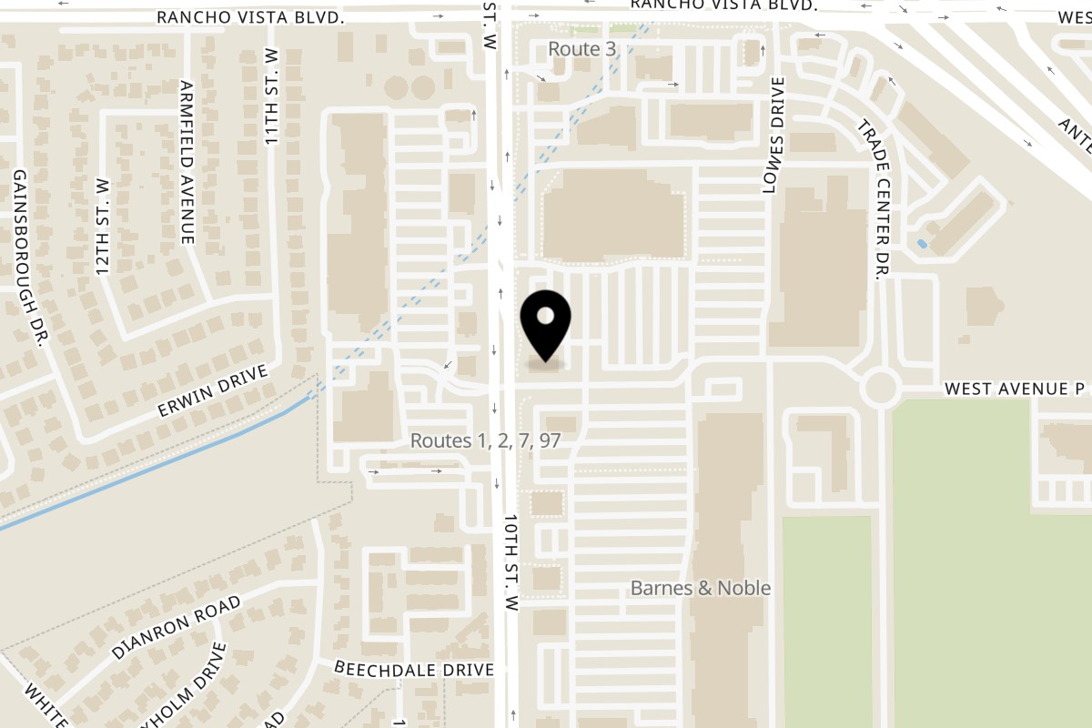 Map showing the location of Yoshi Japanese Cuisine Palmdale on 39340 10th St W Ste B in Palmdale